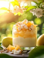 The surface of the coconut milk jelly is smooth, paired with coconut flakes and diced fruits