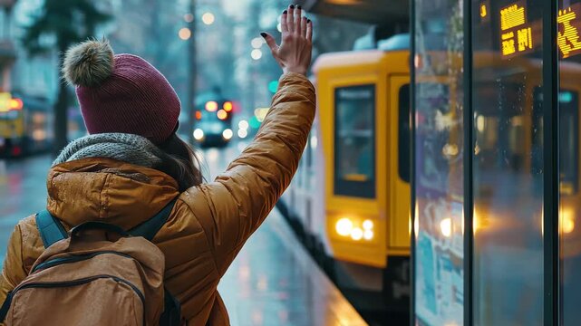 Woman waves to the bus at a rainy bus stop in a busy city during evening twilight, Woman waving to the bus at the bus stop Cinematic