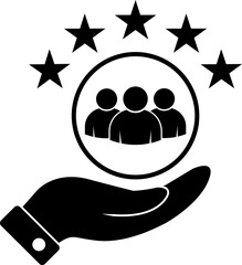 Premium quality customer service icon. People group with 5 stars over hand for graphic design, logo, web site, social media, mobile app, ui illustration