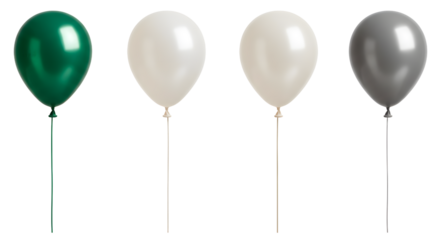 A vibrant display of four balloons in green, white, and gray, floating against a clean background, perfect for celebrations