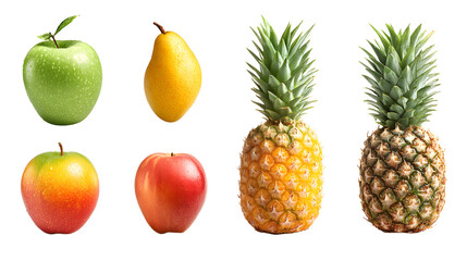 A vibrant assortment of fresh fruits including green apples, pears, and pineapples arranged on a white background