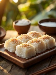 The glutinous rice cake has a soft and chewy outer layer with a sweet filling, sprinkled with coconut flakes