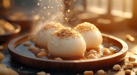 The glutinous tang bu shai is round and soft, coated with a rich brown sugar syrup