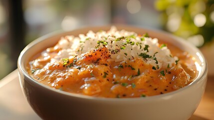 Thick curry sauce covers the rice, with soft sunlight casting down