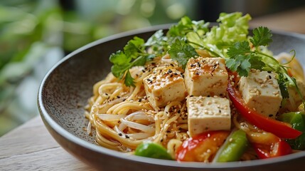 The light yellow hue of the buckwheat noodles is complemented by fresh vegetables and tofu, with sesame seeds sprinkled on top
