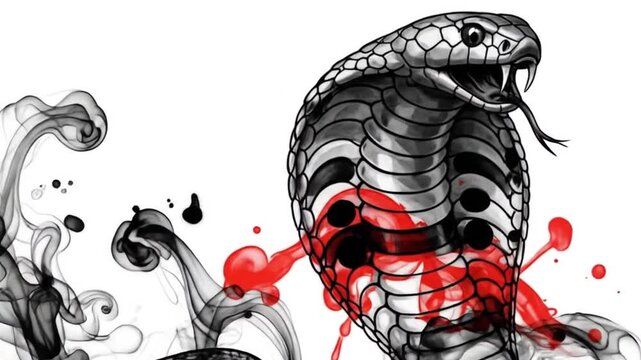 A stylized cobra, rendered in grayscale and red ink splatters, against a backdrop of swirling smoke.