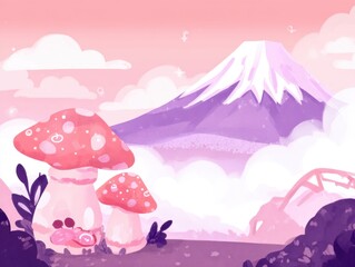 Cartoon drawing of two mushrooms and a mountain