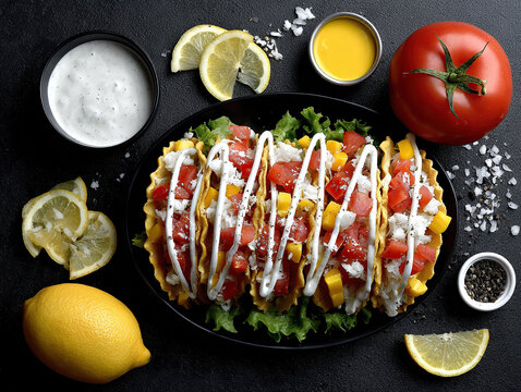 flat lay of colorful fish tacos with fresh ingredients on black - Powered by Adobe