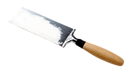 A close up of a putty knife with a wooden handle and a silver blade covered in white paint on black