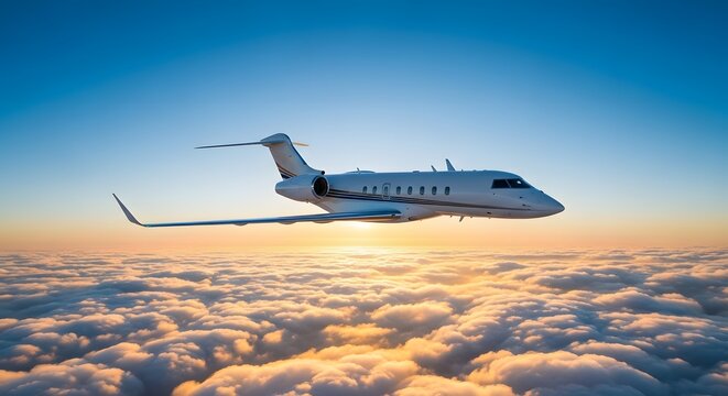 Private Jet Soaring Above Clouds at Sunset, Symbolizing Freedom, Luxury Travel, and Global Business Connections