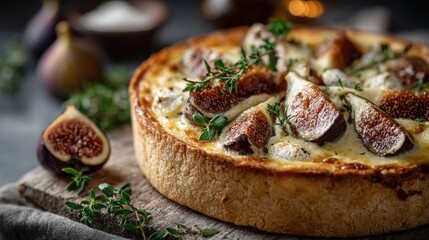 Creating a soft cheese and fig tart with fresh herbs in a rustic kitchen setting