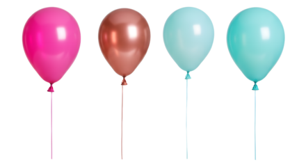 A vibrant display of colorful balloons in pink, copper, and blue, floating against a clean background, perfect for celebrations