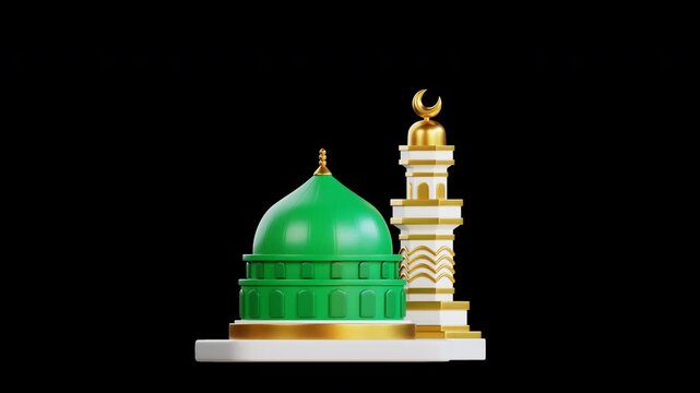 Video Animation "3D  Nabawi mosque minaret crescent moon gold accents white base. Suitable for travel brochures, religious publications, and cultural websites