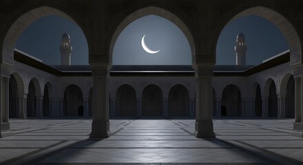 Fototapeta premium Captivating Ramadan Courtyard Scene Featuring a Crescent Moon and Architectural Arches Under a Starry Night Sky