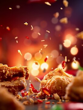 Commercial food photography, several KFC chicken wings exploding in the air, with lots of debris and some chili peppers, clean background, warm colors, studio lighting, surrealism and rich details

