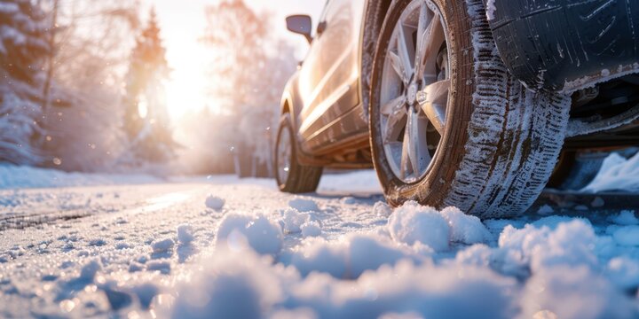 snow covered road with car tires wheels - Powered by Adobe