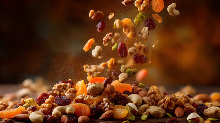 Dried Fruits and Nuts Cascade: A vibrant array of assorted dried fruits and nuts, including cashews and almonds, dynamically cascade, creating a visually striking display of fresh.