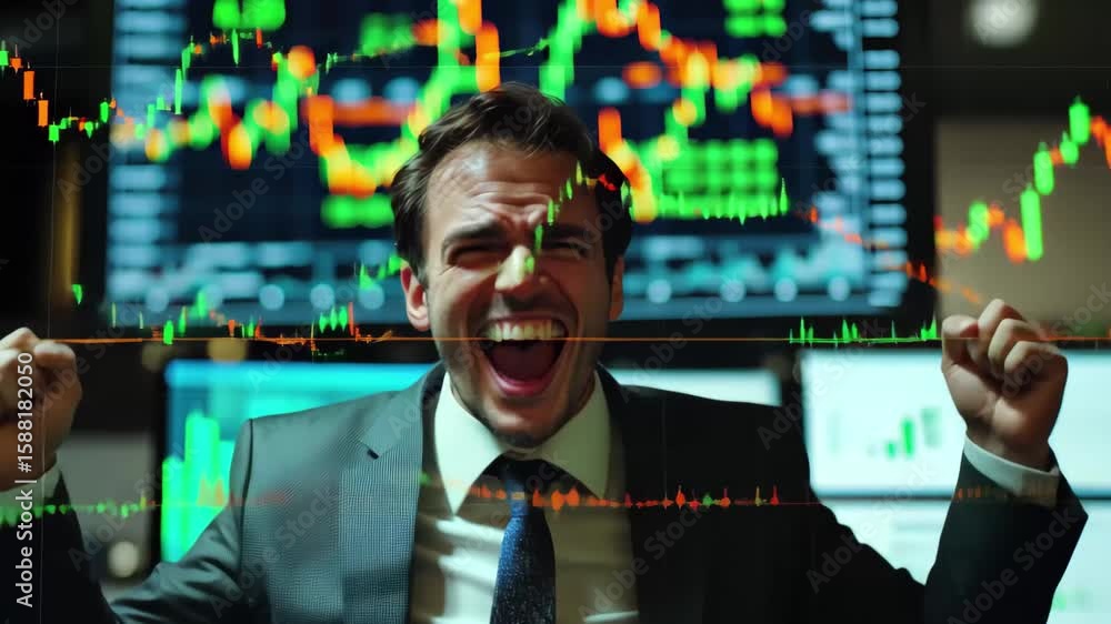 Aufkleber trader celebrates success with exuberant reaction to rising stock charts in trading room, trader exu