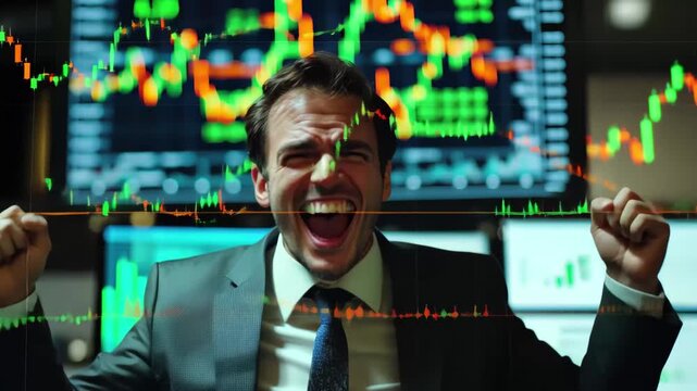 Trader celebrates success with exuberant reaction to rising stock charts in trading room, Trader exulting in front of soaring stock charts, embodying the thrill of a successful trade