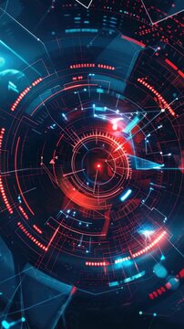 Intricate digital interface with vibrant red and blue lights, suggesting advanced technology or artificial intelligence.