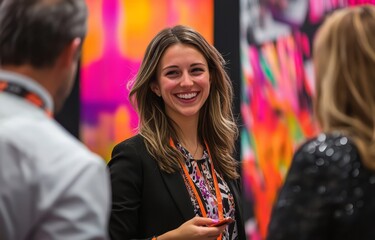 Fototapeta premium Enhancing professional relationships in a trade show setting.