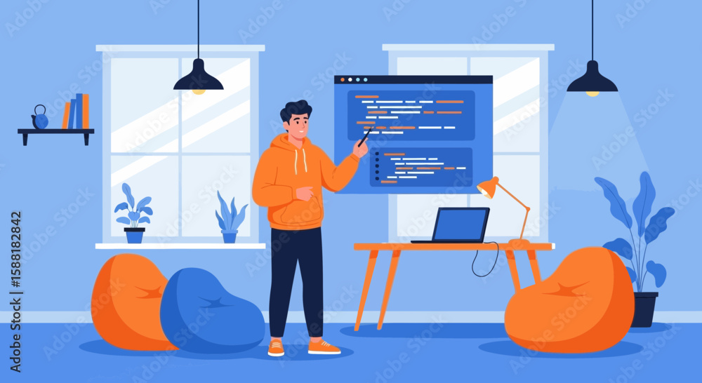 Poster online coding tutorial with instructor in modern workspace for digital education