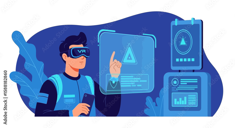 Aufkleber engaging with virtual reality interface using modern technology platform