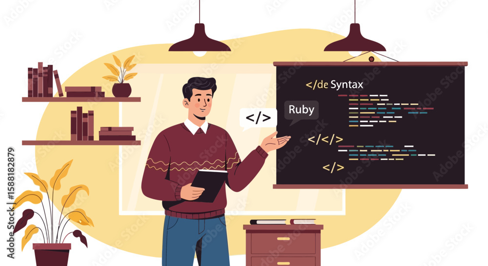 Poster instructor explaining programming languages on blackboard in the classroom
