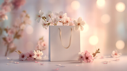 Floral Gift's Blossom: Delicate cherry blossom flowers peek gracefully from a elegant gift bag, accompanied by scattering petals, capturing the essence of spring.