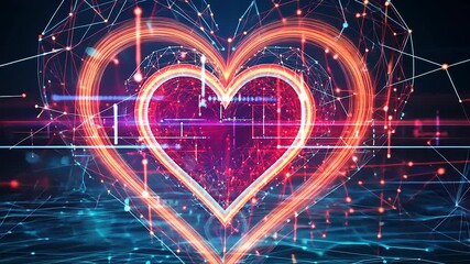 Digital representation of a glowing heart symbolizing love and technology amidst a vibrant background - Powered by Adobe
