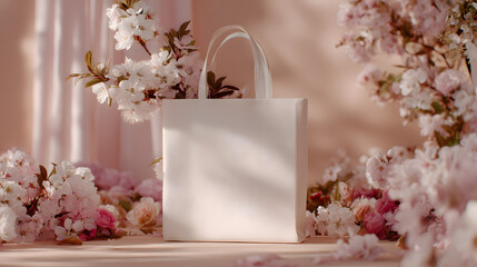 Floral Elegance: A pristine tote bag is nestled amidst a blossoming floral arrangement, its smooth surface offering a canvas for imagination and creativity.