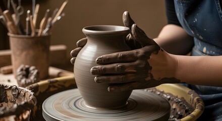 Skilled hands of a potter shaping clay on a pottery wheel, crafting a ceramic pot in a rustic studio, embodying creativity and traditional artistry.