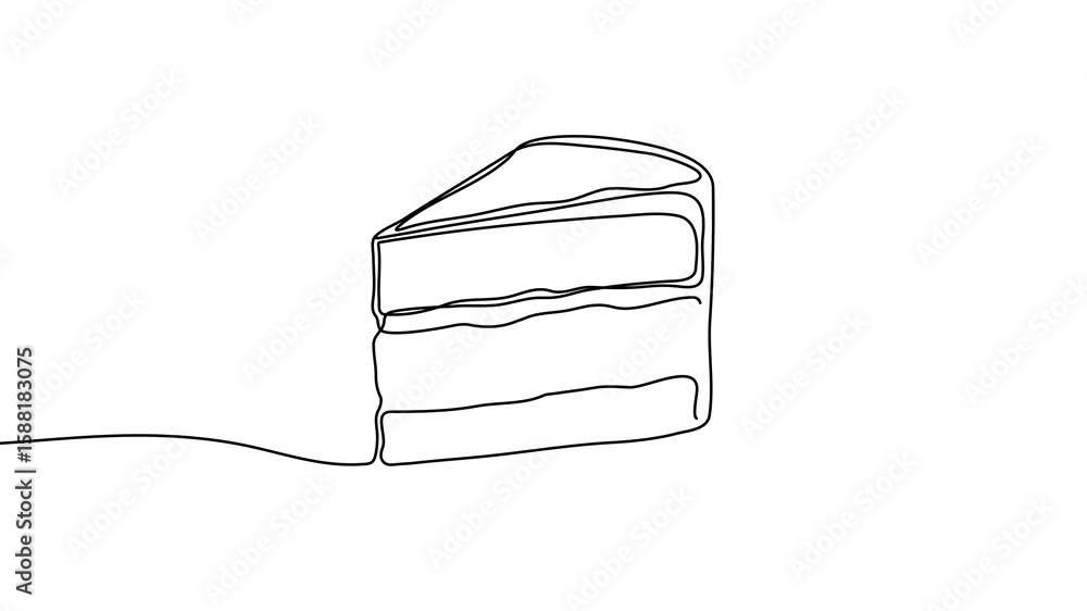 Poster animation of a single line drawing of a cake slice. continuous contour movement of a cake slice. con