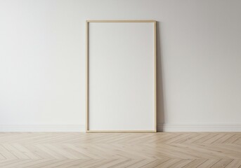 Blank canvas frame mockup against white wall and wood floor minimal interior design