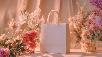 Elegant Shopper: A pristine shopping bag stands amidst a breathtaking arrangement of vibrant, delicate flowers, creating a serene atmosphere of sophistication.