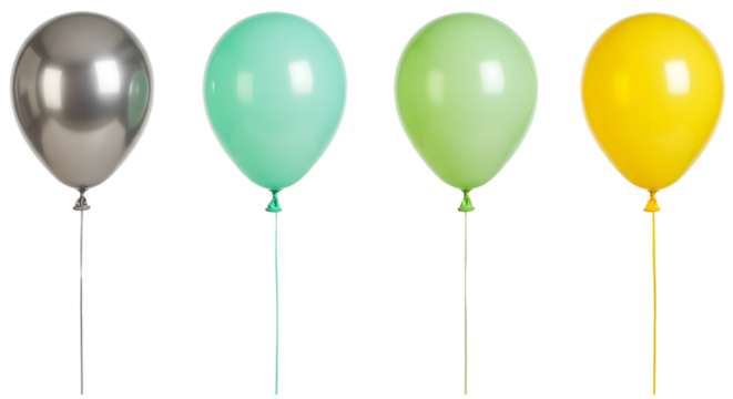 A vibrant display of four colorful balloons in various shades, showcasing a festive atmosphere perfect for celebrations