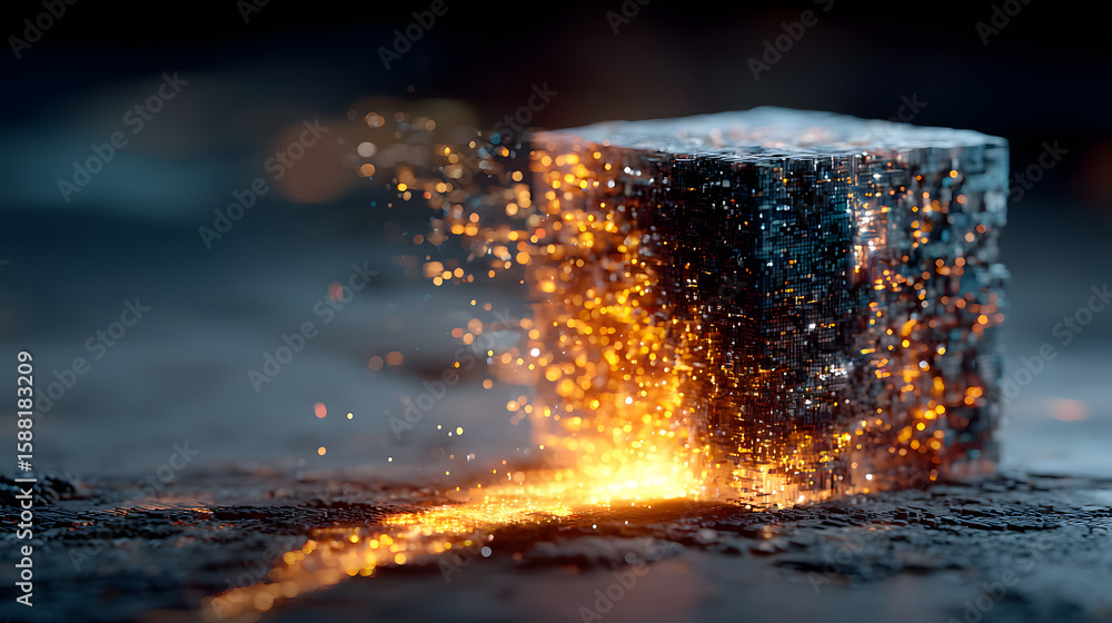Poster cubic spark: an abstract and conceptual piece showcasing a geometric cube, rendered in metallic text