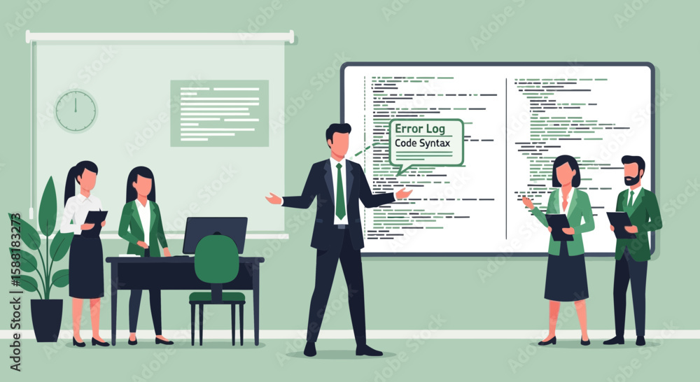 Poster code review presentation with business professionals in modern office setting