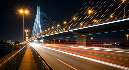 Fototapeta premium Long Exposure Night Shot of a Modern Cable-Stayed Bridge with Streaking Car Lights Reflecting on the Road, Showcasing Urban Motion and Dynamic City Life