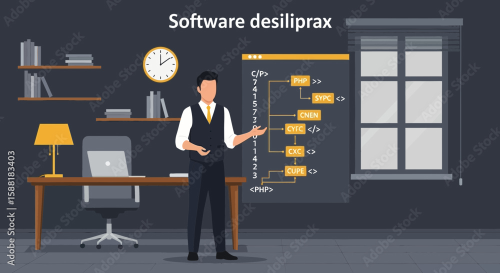 Poster expert programmer explains software logic development in minimalist interior