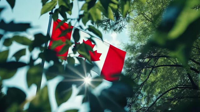 Quebec flag displayed behind green foliage in a natural setting during daylight hours, Quebec flag seen behind green branches