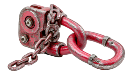 A close up of a red metal shackle with a chain and bolts showing signs of wear and use in studio shot