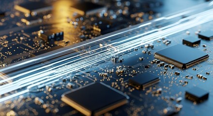 Futuristic Data Stream on a Circuit Board: Concept of High-Speed Computing, Digital Information Flow, and Advanced Technology