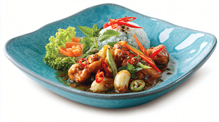 Spicy Chicken with Rice: A delectable dish of spicy chicken stir-fry served with fragrant rice and garnished with fresh herbs. The vibrant colors and rich sauce make it a tempting culinary experience.