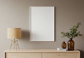 Blank canvas frame with lamp and plant in minimalist interior design scene
