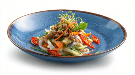 Squid Salad Delight: A vibrant squid salad is presented on a blue plate, mixed with colorful vegetables, herbs, and a zesty dressing, perfect for culinary delight.