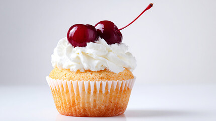 Cupcake with Cherry on Top: A delectable vanilla cupcake adorned with a swirl of whipped cream and two glossy red cherries, capturing the essence of sweet indulgence and simple pleasures.