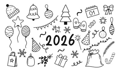 Vector set of hand-drawn New Year doodles for 2026. Includes Christmas tree, gifts, balloons, mittens, party hats, snowflakes, calendar, candy, and decorations. Great for holiday cards, stickers.
