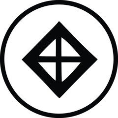 A stark black geometric symbol featuring a diamond shape divided by a cross within a bold circular outline on a white background