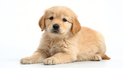 Golden Retriever Puppy: A charming golden retriever puppy with big innocent eyes lies down looking endearing, radiates pure joy and innocence in a studio setting.
